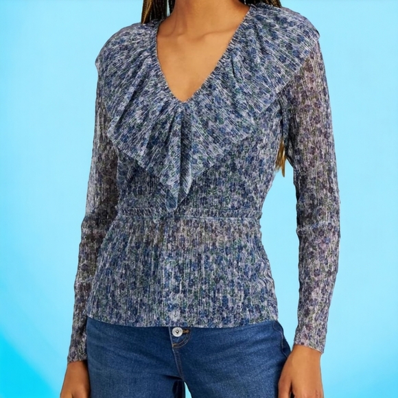 I-N-C Metallic Floral Ruffle Blouse Size Large - Picture 1 of 8